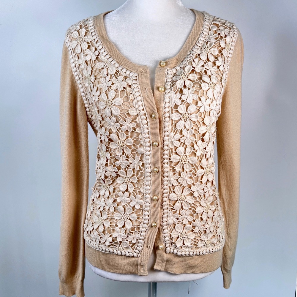 Darling Tan Floral Lace Pearl Beaded Cardigan Sweater Beige Button Front Small